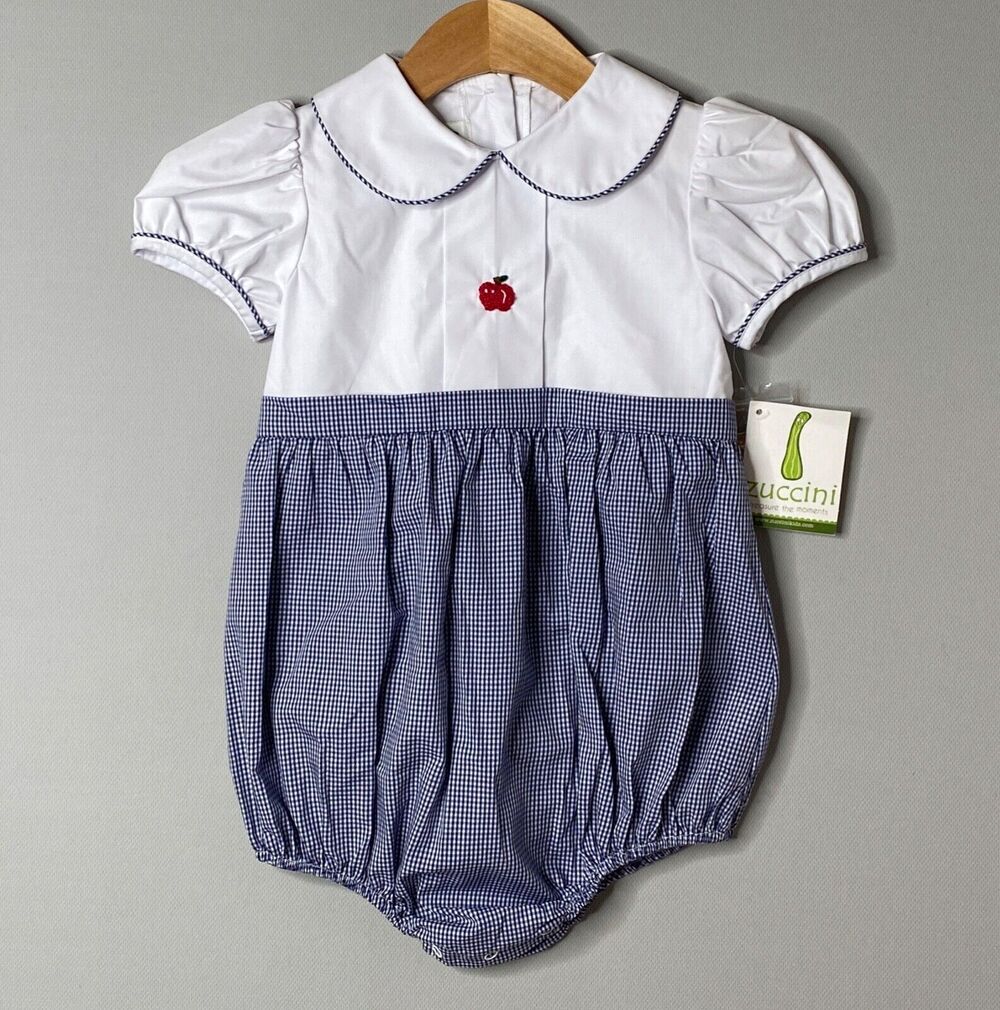 NWT Zuccini White/Navy Gingham Apple Embroidered Bubble Romper Girls 4T